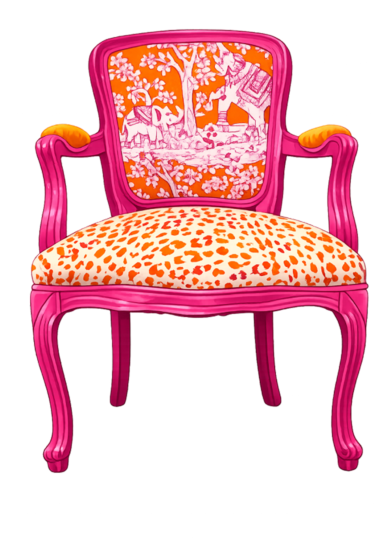 Pink cheetah print chair with hot pink frame and orange toile backrest