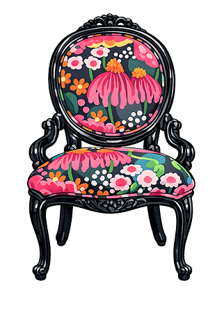 Black ornate chair with colorful floral upholstery