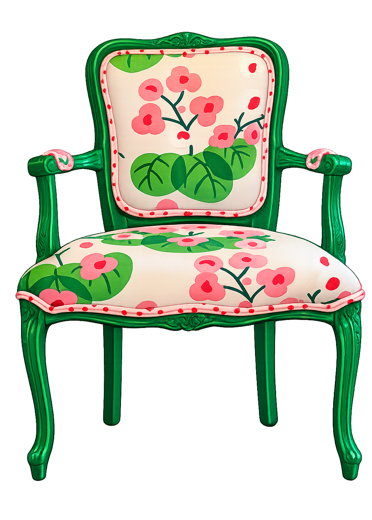 Green chair with pink floral fabric